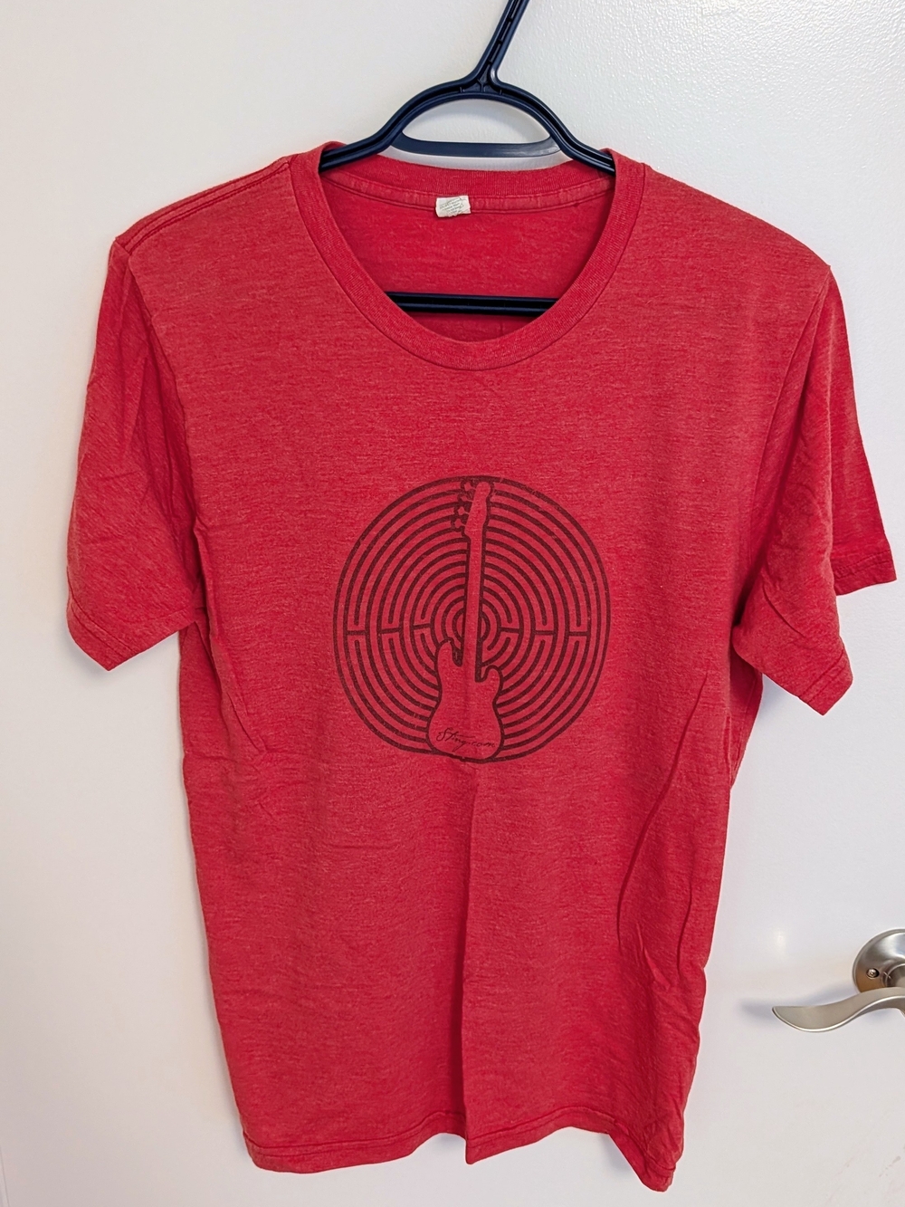 Red Graphic T-Shirt with Guitar Design - Men's Size Medium
